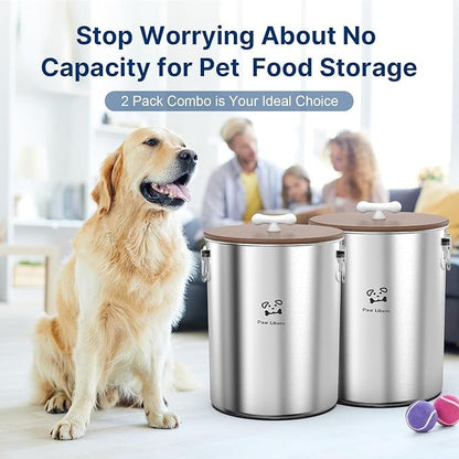 2PK 25 Lbs total 50 Lbs Stainless Steel Dog Food Storage Container with Airtight Wooden Lid & Ceramic Bone Handle, Large Metal Dog Food Bin for Dogs & Cats