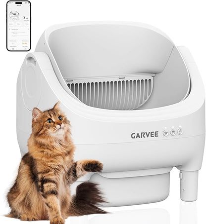 Self Cleaning Litter Box, Automatic Cat Litter Box with APP Control, Odor-Free Waste Disposal Includes Trash Bags, Large Waste Bin, Open-Top, for Multiple Cats, White