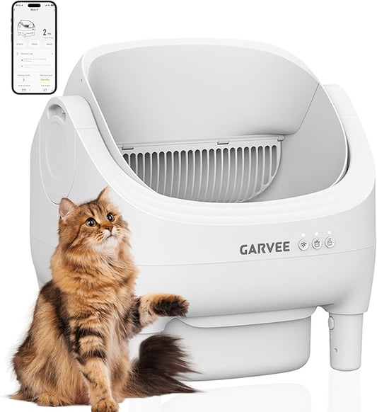 Self Cleaning Litter Box, Automatic Cat Litter Box with APP Control, Odor-Free Waste Disposal Includes Trash Bags, Large Waste Bin, Open-Top, for Multiple Cats, White