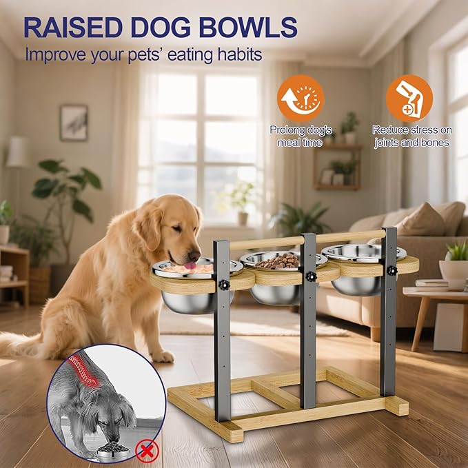 handrong Elevated Dog Bowl,5 Height Adjustable Raised Dog Bowl,Dogs Food Bowls Stand Feeding Station with 3 Food and Water Bowls for Medium,Large Dogs
