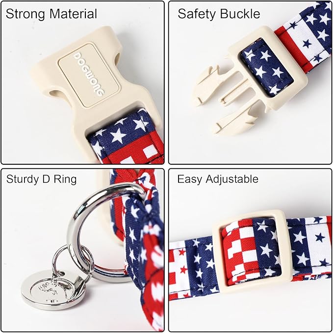 DOGWONG Cotton Dog Collar - 4th of July Patriotic Puppy Necklace for Small to Large Dogs, Soft Natural Fabric, Blue Star