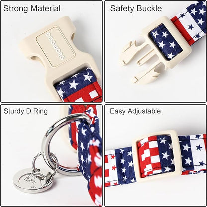 DOGWONG Cotton Dog Collar - 4th of July Patriotic Puppy Necklace for Small to Large Dogs, Soft Natural Fabric, Blue Star