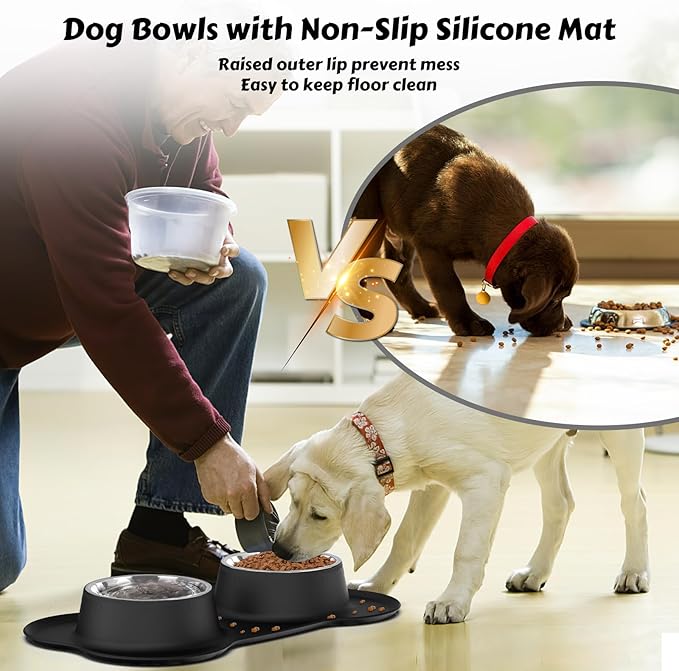 AsFrost Dog Food Bowls Stainless Steel & Water Dish with No-Spill and Non-Skid, Feeder Bowls with Dog Food Dish for Small Medium Large Size,Dogs,Cats,Puppy Pets, Black, 12oz