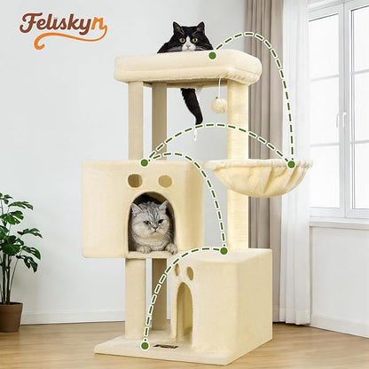 Small Cat Tree Tower for Indoor Cats, 40 in Medium Multi-Level Compact Cat House Bed with 2 Condos, Large Platform Perch, Sisal Scratching Post, Hammock, Cat Climbing Stand for Kitty Kitten(Beige)