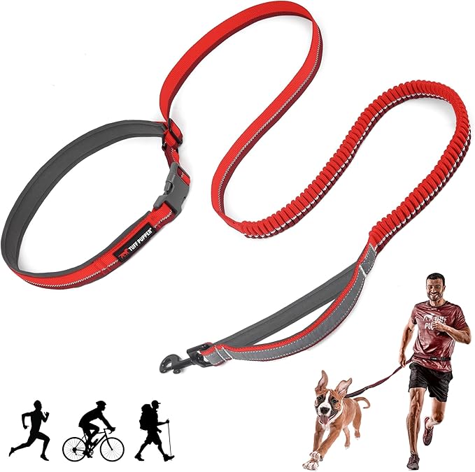 Tuff Pupper Hands Free Bungee Dog Leash | Lightweight for Running Jogging Walking | Adjustable Padded Waist Belt (24-50 inch) | Bungee Stretch 3 to 6 Feet | Strong Ballistic Nylon w/Reflective Strips