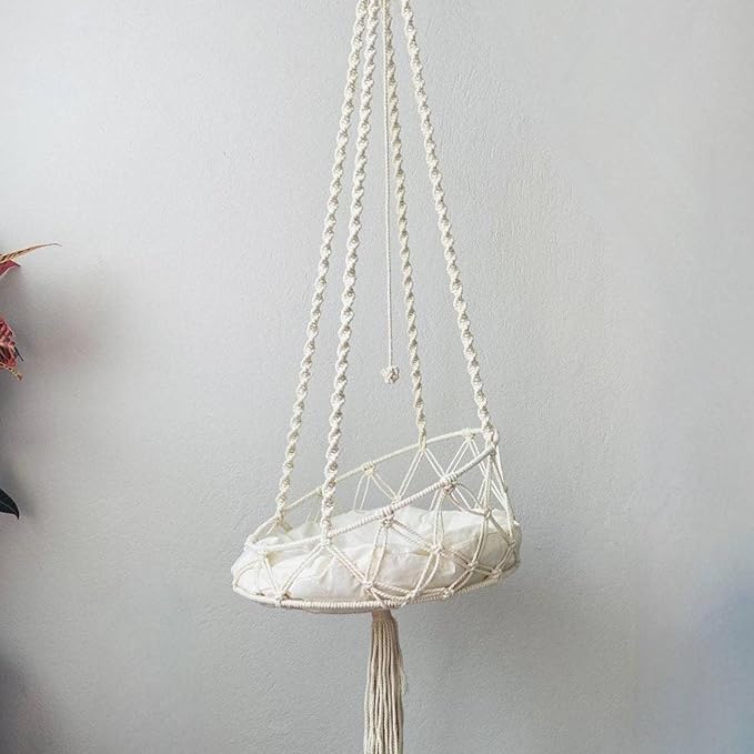 Macrame Cat Hammock with Cushion Handwoven Boho Hanging Cat Bed Pet Kitten Swing Bed for Playing Sleeping Climbing and Lounging (130 cm)