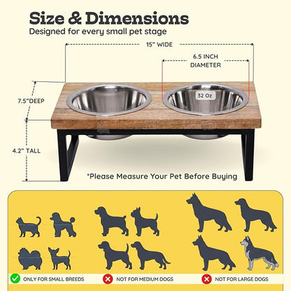 Elevated Dog Bowls, 4.5” Small Dogs/Cats Only Raised Bowl Mango Wood Stand, Food & Water 2 Stainless Steel Dishes Each 32oz/4Cup Capacity, Non-Slip Pet Feeder Station in Brown, toy Breeds