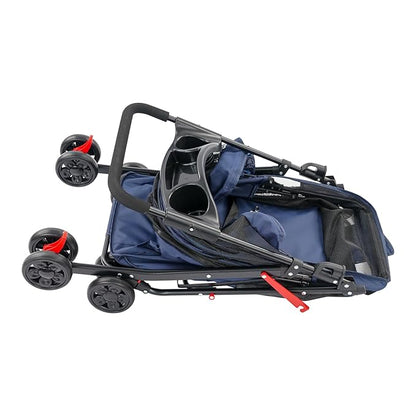 Foldable Pet Stroller w/Lockable Brakes,40lbs Capacity Ventilated Mesh Carrier Cart for Small Medium Dogs & Cats,Dog Stroller (Navy Blue)