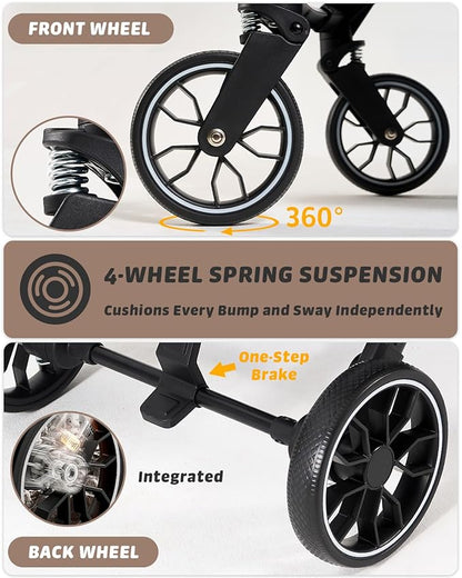 797Audio Dog Stroller for Small Medium Dogs,Pet Stroller for Cats Puppy Up to 121lbs,Foldable,One Click Folding,4 Wheel Shock Absorption,Adjustable Canopy with Sun Shades,Removable Washable Pad(Brown)