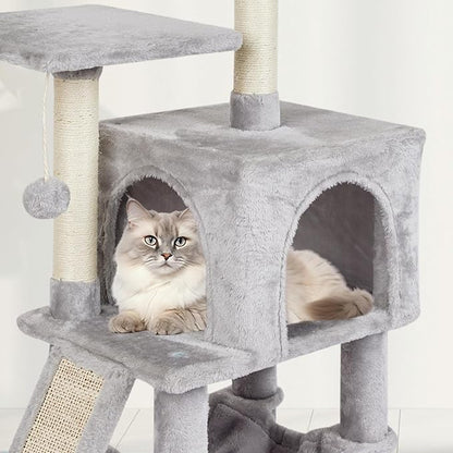 MIAO PAW Grey Cute Cat Tree for Indoor Cat Tower with Scratching Post Modern Activity House Hammock Hanging Ball Condo with Board