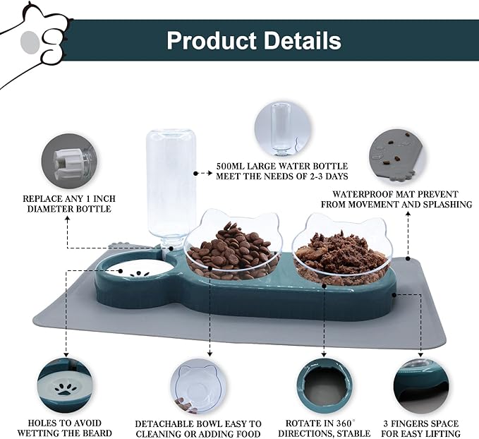 Triple Cat Bowls with Water Dispenser, Pet Water and Food Bowl Set with Non-Slip Mat and Scoop, 15° Tilted Double Dog Cat Bowls, Wet and Dry Food Bowl Set for Cats & Small Dogs (Dark Blue)