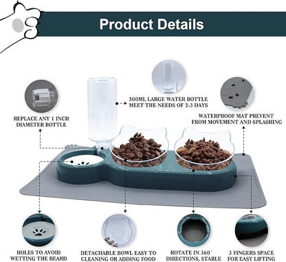 Triple Cat Bowls with Water Dispenser, Pet Water and Food Bowl Set with Non-Slip Mat and Scoop, 15° Tilted Double Dog Cat Bowls, Wet and Dry Food Bowl Set for Cats & Small Dogs (Dark Blue)