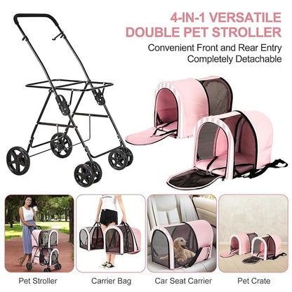 Double Pet Stroller for Dogs and Cats with 2 Detachable Carrier, Quick-Folding Dog Stroller for Medium Small Dogs Cats, 4 Wheels, Light Pink