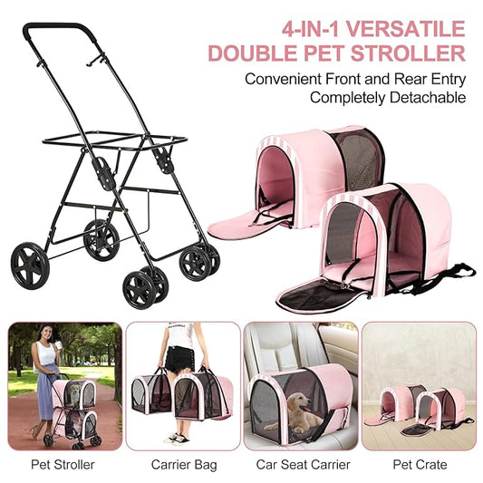 Double Pet Stroller for Dogs and Cats with 2 Detachable Carrier, Quick-Folding Dog Stroller for Medium Small Dogs Cats, 4 Wheels, Light Pink