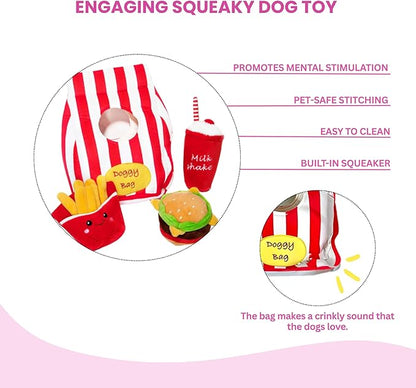 Glow Pups Dog Toys Food Parody Plush Dog Toy with Squeaker, Doggy Bag Hide and Seek Toy, Crinkly Bag for Burrowing Fun, Promotes Mental Stimulation and Reduces Stress, 12" x 9" x 5", Red Striped