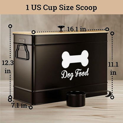 Dog Food Container Airtight 15 lb (50 Cup) Capacity with Metal Scoop - Cute Airtight Dog Food Storage Container with Bamboo Lid - Black Metal Kibble Storage Bin for Dogs up to 100 lbs - Big Pet Jar