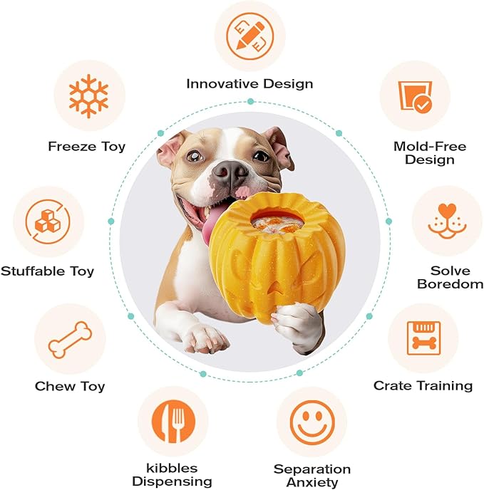 Pumpkin-Shaped Interactive Dog Toy for Dogs Multifunctional Food Dispenser, Frozen Lick Toy & Durable Chew Toy for Aggressive Chewers, Safe Nylon & Coffee Wood Fiber, Easy to Clean, Relieves Anxiety