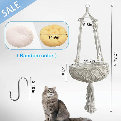 kathson Macrame Cat Hammock with Cushion,Handwoven Cats Bed,Hanging Indoor Boho Kitten Swing Beds for Playing Sleeping Climbing and Lounging(XL)