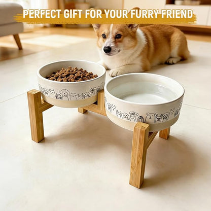 Elevated Ceramic Dog Bowls with Wooden Stand，6.1inch Raised Dog Bowls with Cute Pattern for Small and Medium Breed Dogs,2 Pack Dogs Food and Water Bowl Set,Weighted Pet Dishes Dishwasher Safe