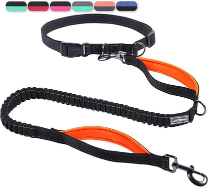VIVAGLORY Hands Free Dog Leash Bungeeone Running Dog Leash with Waist Belt for Running Walking & Jogging, Bungee & Around Waist for Pet, M, Black/Orange