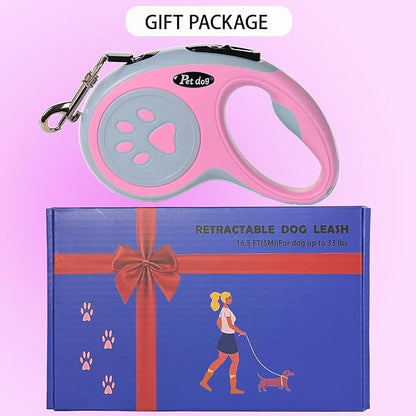 Retractable Dog Leash, VELIGOOD 5M/16FT Extendable Dog Lead with Strong Nylon Tape Tangle-Free One-Handed Brake, Pause, Lock for Small Medium Dogs (Pink)