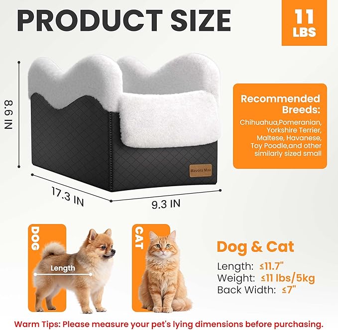 Portable Small Dog Seat for Car, Luxury Center Console Dog Car Seat Booster with Safety Tethers, Anti-Collapse Pet Travel Carseat for SUV, Truck (Black/White)