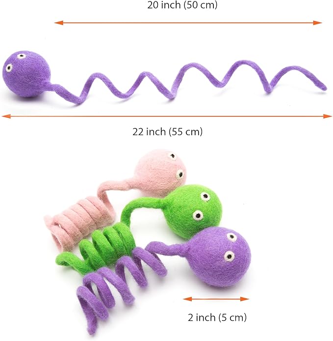 Glaciart One Felt Spring Cat Toy – 3 Pcs Soft Fuzzy Enrichment 100% Natural Wool - Interactive Stretchable Play Set - Safe for Pets, Non-AZO Colored Dyes - 4” Long