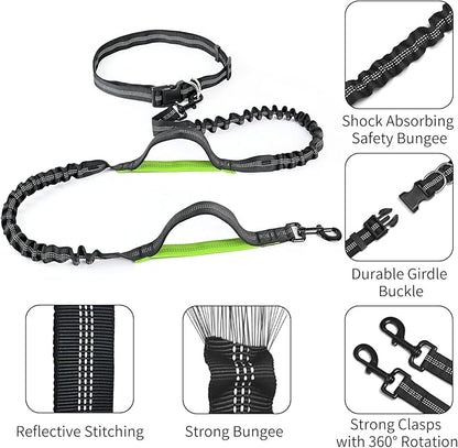 Hands Free Dog Leash with Zipper Pouch, Retractable Bungee Waist Leash with Dual Padded Handles & Waist Belt Fanny Pack for Medium & Large Dog Training Walking Running Hiking Jogging (Green)