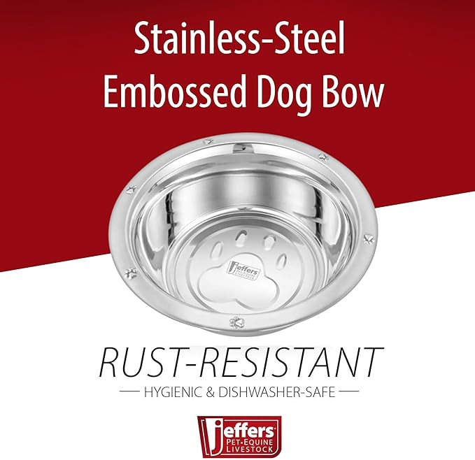 Jeffers Pet Stainless Steel Pet Food & Water Bowl – Embossed Paw Print, Wide Lip, Non Slip, Dishwasher Safe, Rust Resistant Metal Dog Cat Feeding Dish for Indoor Outdoor Crate Travel Use, 5 Quart