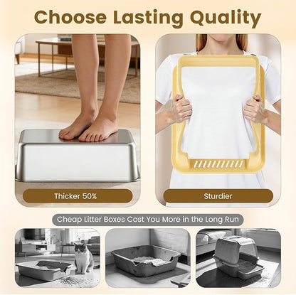 Stainless Steel Litter Box for Small Cats & Kittens, 11.8" High Sided Open Top Cat Litter Pan, Low Entry with Anti-Leak Design, Easy to Clean & Space-Saving, 17.3x13.4x11.8 Inches