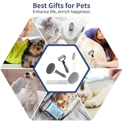 Dog Brush Grooming Kit 5 PCS - Self Cleaning Slicker Brush for Shedding Short Long Haired Dogs & Cats, Includes Pet Comb, Flea Comb, Bath Brush, Undercoat Rake - Complete Fur Care Set - Gray