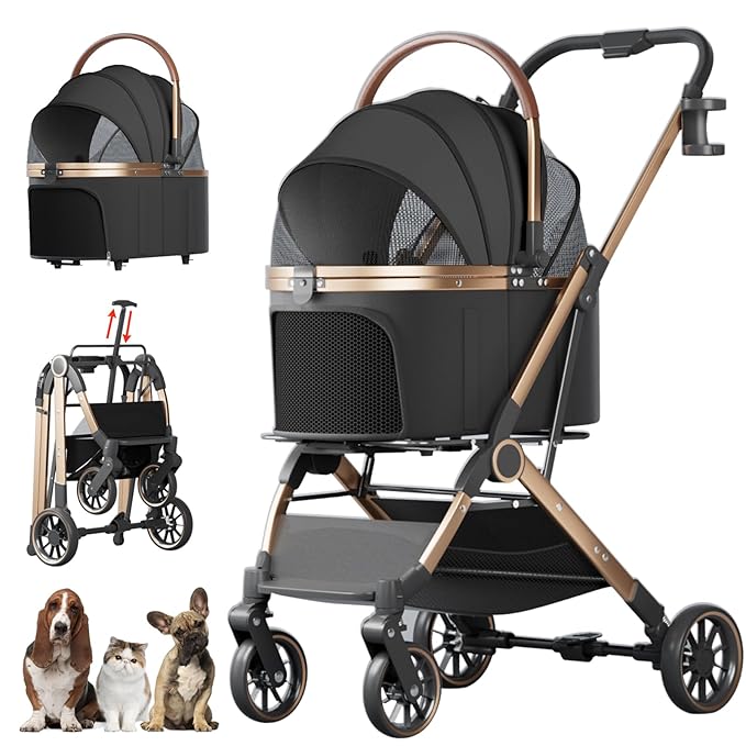 4 Wheels Pet Stroller for Small Medium Dogs Cats Up to 45 lbs Folding Dog Stroller with Detachable Breathable Carrier Suitable for Car Seat, Hand Carry & Travel, All Terrain, 3 in 1 Multifunctional