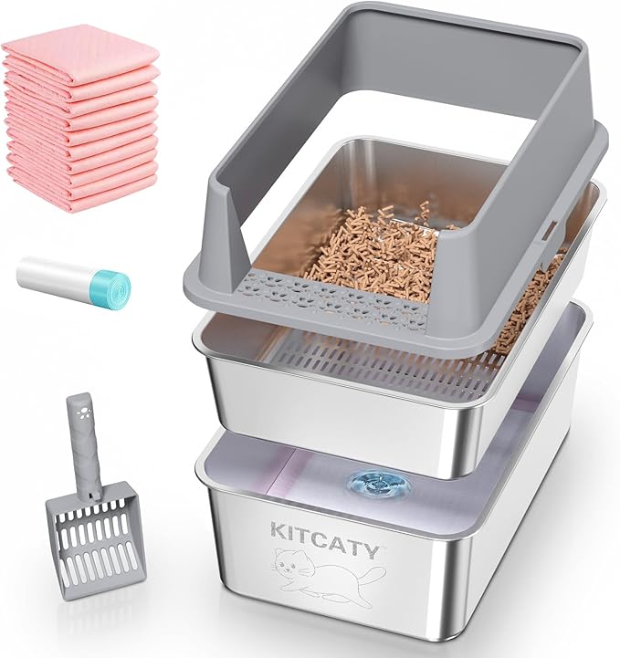 Stainless Steel Sifting Litter Box, for Pine Wood Pellet Cat Litter, XXL Metal Cat Litter Boxs with Lid, 23.6''X15.7''X14'' High-Sided Litter Box,Leak-Proof,Easy to Clean, with Scoop, Urine Pad, Liner