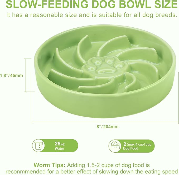 Ceramic Slow Feeder Dog Bowl, 1.5 Cup Dog Food or 20oz Water, Slow Eating Bowl for Small Breed, Maze Puzzle Feeder for Fast Eaters, Anti-Choking Stop Bloat, Non-Slip BPA Free (Green)