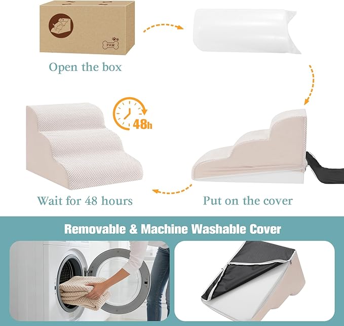 Dog Stairs for Small Dogs, 3-Step Dog Steps for Couch Sofa and Chairs, High-Density Foam Pet Steps Ramp with Removable Washable Cover for Older Injured Puppy Dogs and Cats, 13.78" H, Beige