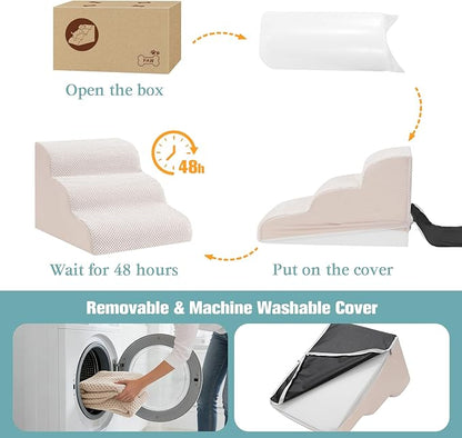 Dog Stairs for Small Dogs, 3-Step Dog Steps for Couch Sofa and Chairs, High-Density Foam Pet Steps Ramp with Removable Washable Cover for Older Injured Puppy Dogs and Cats, 13.78" H, Beige