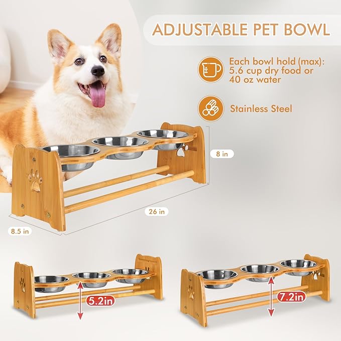 X-ZONE PET Elevated Dog Bowls for Cats and Dogs, Adjustable Bamboo Raised Bowls for Medium Dog, Food and Water Bowls Set Stand Feeder with 2 Stainless Steel Bowls Anti Slip Feet (Height 4.7" to 7")