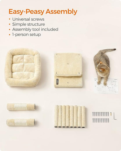 Feandrea Cat Tree, 26.4-Inch Cat Tower, Plush Condo for Kittens up to 7 lb, Large Perch, 2 Caves, Scratching Post, Beige UPCT611M01
