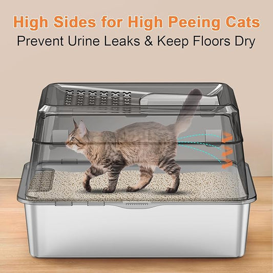 URPOWER Stainless Steel Cat Litter Box with Lid Extra Large Enclosed Litter Box for Cats Non-Sticky Metal Pan with High Sided Enclosure & Scoop, Front & Top Entry, Anti-Leakage, Easy Cleaning