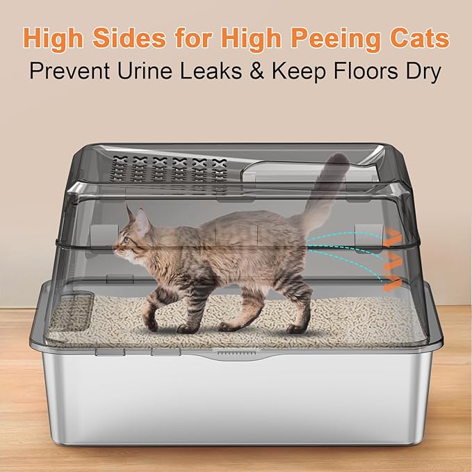 XXXXL Stainless Steel Cat Litter Box with Lid 110° Flip-Top Extra Large Enclosed Litter Box Non-Sticky Metal Pan with High Sided & Scoop, Front & Top Entry, Anti-Leakage, Easy Cleaning, 28"x20.5"x20"