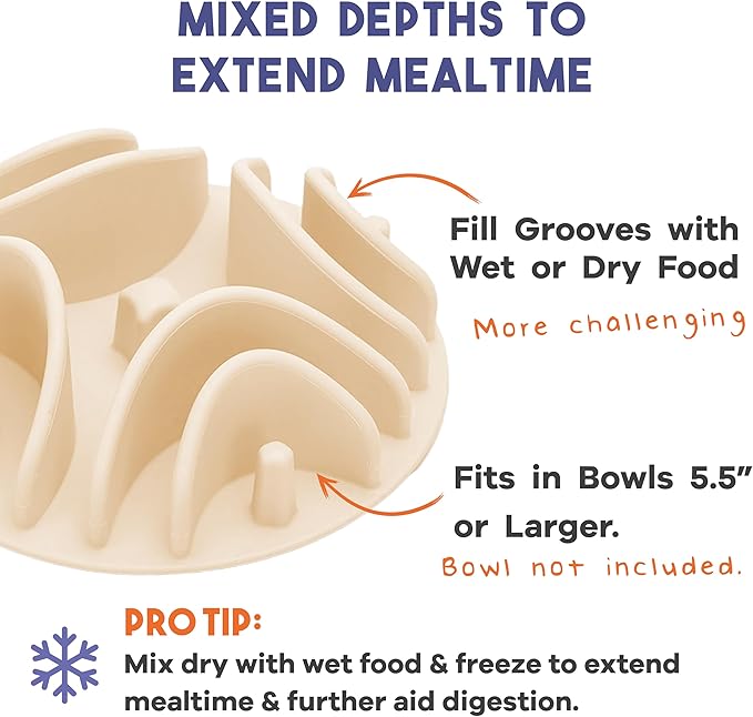 Awoo Great Vibes - Silicone Slow Feeder for Dog Bowls Over 5.5 Inches - Non-Slip, Wet and Dry Food-Compatible Pet Dish with Suction Cups - Extends Mealtime for Fast Eaters - Dishwasher Safe (Almond)