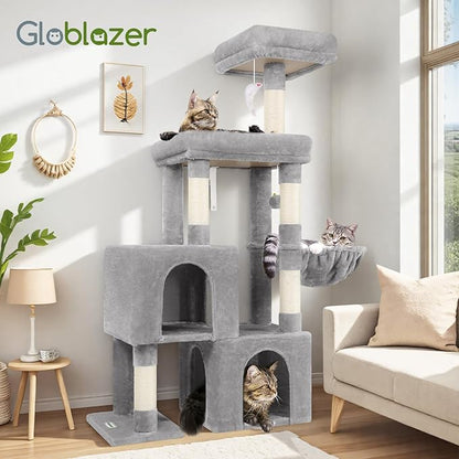 Globlazer Cat Tree Tower with 2 Cat Condos for Multiple Indoor Cats, 52in Multi-Level Plush Cat Condo Tower with 5 Sisal Scratching Posts, 2 Padded Perches, Big Basket, Widened Base, S52, Light Grey