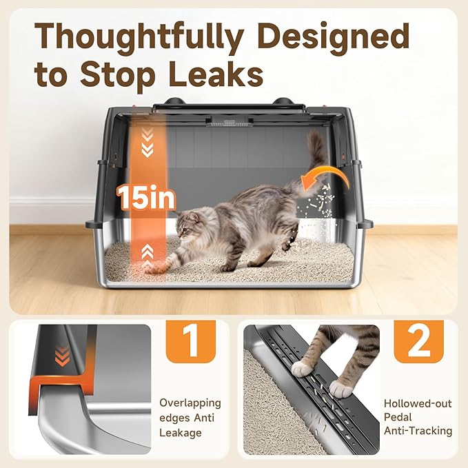Stainless Steel Litter Box with Lid, Side Entry Extra Large High Sided Enclosure Litter Box, Removable Upper Cover Leak-Proof Odorless Non-Stick Easy Clean Metal Pan with Scoop & Mat