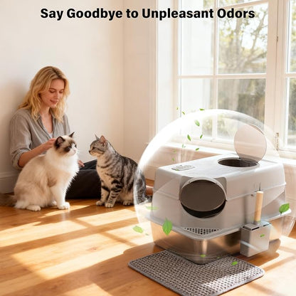 Stainless Steel Litter Box with Lid, Extra Large Enclosed Cat Litter Box for Big Cats, Metal Cat Box with High Sided Enclosure & Scoop, Front & Top Entry, Odor Free, Anti-Leakage, Grey
