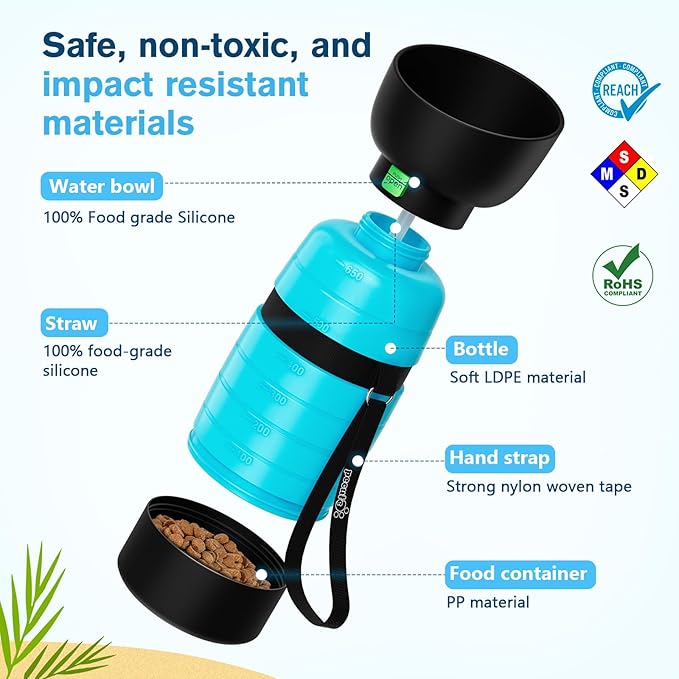 Pecute Upgraded 22 oz Dog Water Bottle with 5 oz Food Container, Portable Dog Travel Water Bottle Dispenser, Leakproof, BPA Free, Lightweight, Pet Water Bottle Bowl for Outdoor Walking Hiking Camping