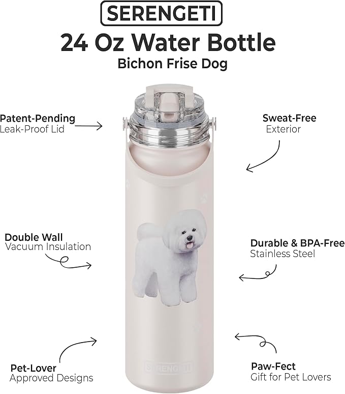 SERENGETI 24 Oz Water Bottle Stainless Steel with Spill Proof Lid - Double walled Vacuum Insulated water flask - Realistic 3D Print of your favorite dog (Bichon Frise)