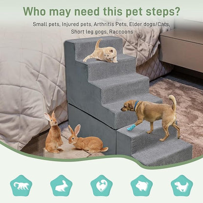 Dog Stairs for Bed 30''H Small Dogs, 6-Step Sturdy Foam Dog Steps for High Bed, Pet Stairs for Older Dogs/Cats/Puppy, Non-Slip Curved Pet Ramp Indoor, Removable Washable Cover, Grey
