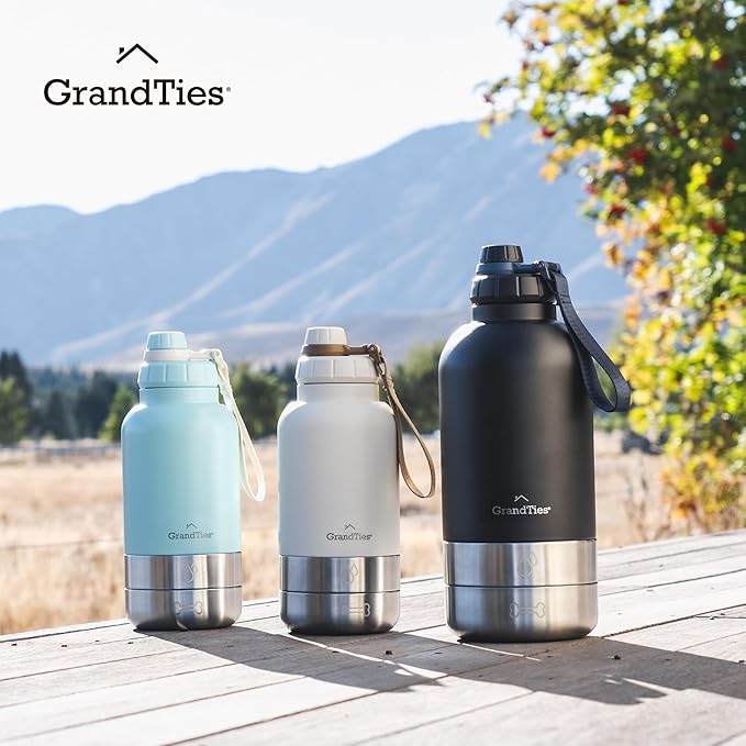 GrandTies Insulated Portable Dog Water Bottle with 2 Detachable Water Bowl Dispenser | Leak-Proof Dog Food Travel Container | Accessories for Dogs Walking, Hiking, Camping (32oz, Ivory White)