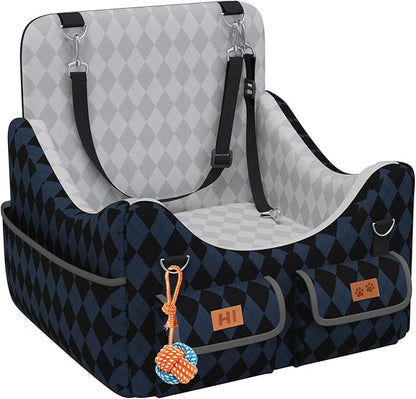 Dog Car Seat for Small/Medium Dogs up to 35lbs, 4-Pocket Storage Memory Foam Dog Booster Seat, Detachable Washable Pet Car Seat with Safety Belt, Outdoor & Indoor Use (Dark Blue/Black)