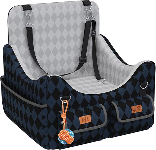 Dog Car Seat for Small/Medium Dogs up to 35lbs, 4-Pocket Storage Memory Foam Dog Booster Seat, Detachable Washable Pet Car Seat with Safety Belt, Outdoor & Indoor Use (Dark Blue/Black)